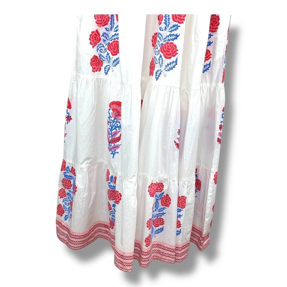 OLIPHANT Puff Maxi Dress Verna Red Blue Floral Tiered Skirt Puff Sleeve Cotton - Picture 8 of 16